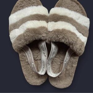 UGG Taupe and White Plush Slingback Slide Slippers
